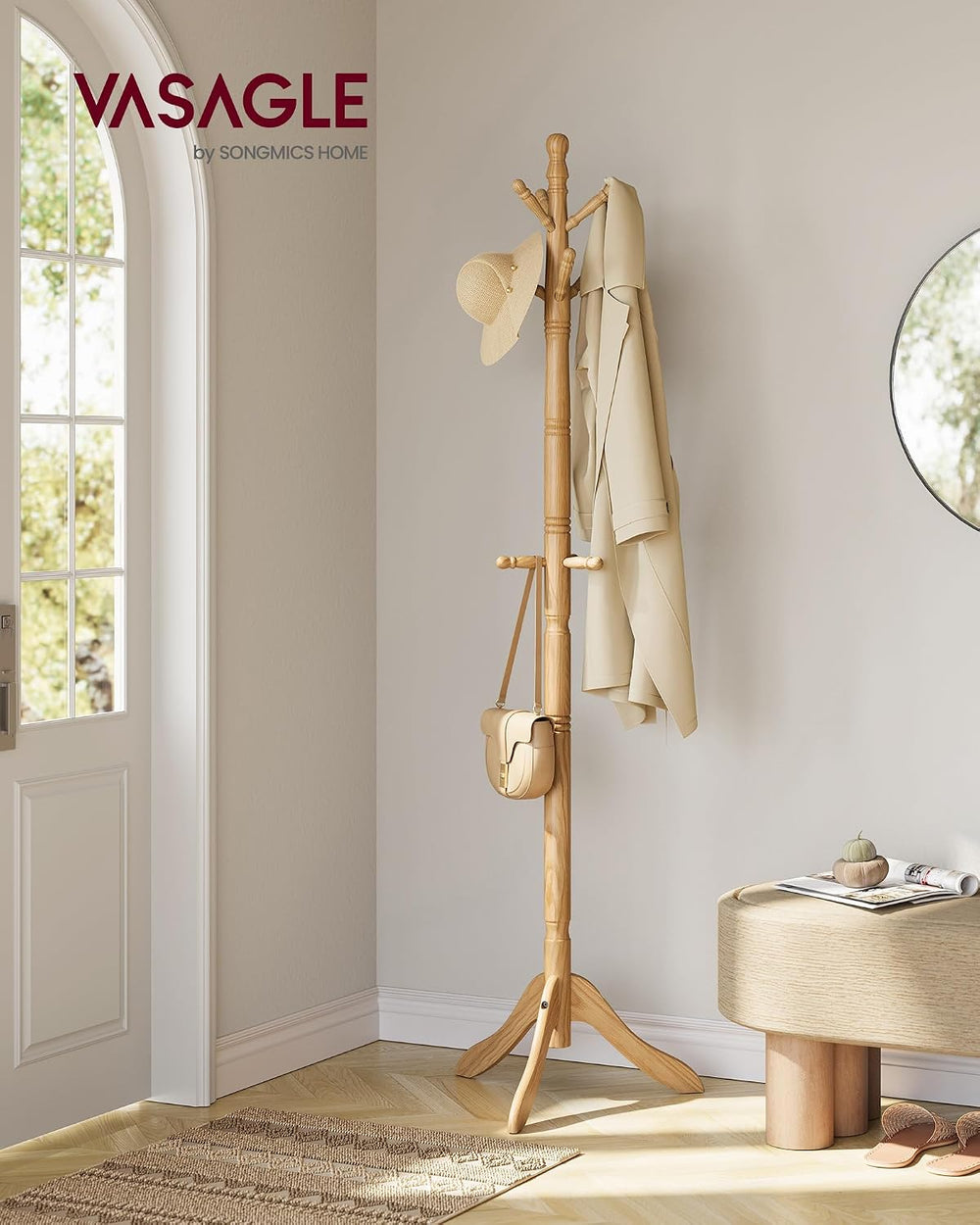 VASAGLE Freestanding Coat Rack, Rubber Wood Coat Tree with 9 Hooks