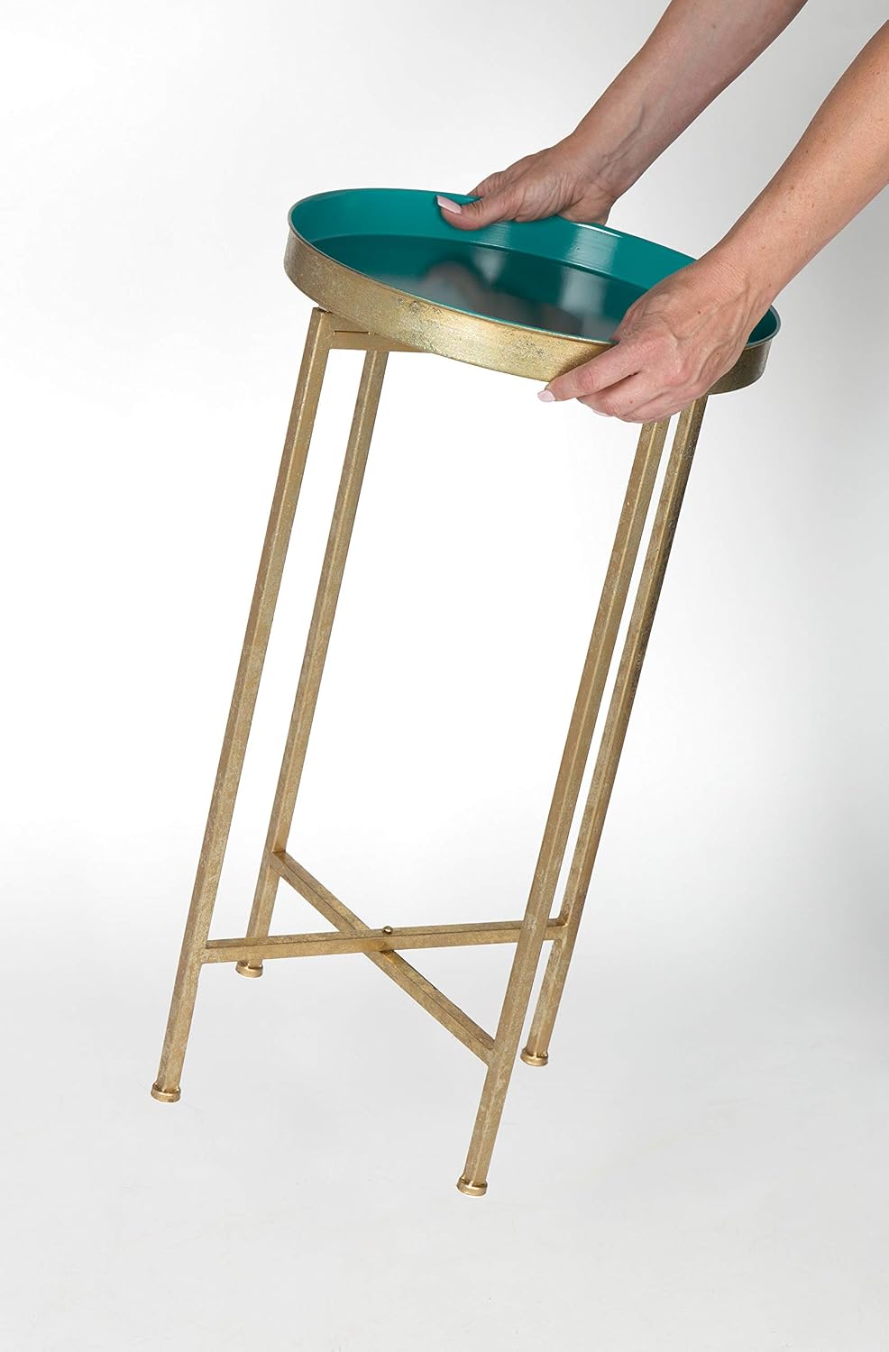 Kate and Laurel Celia Round Metal Foldable Tray Accent Table, Teal with Gold ...