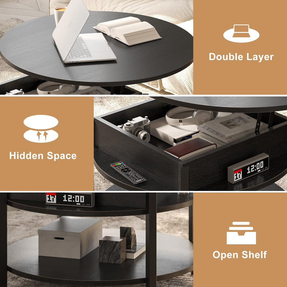 FABATO 26.77” Round Lift Top Coffee Table with Storage, Black