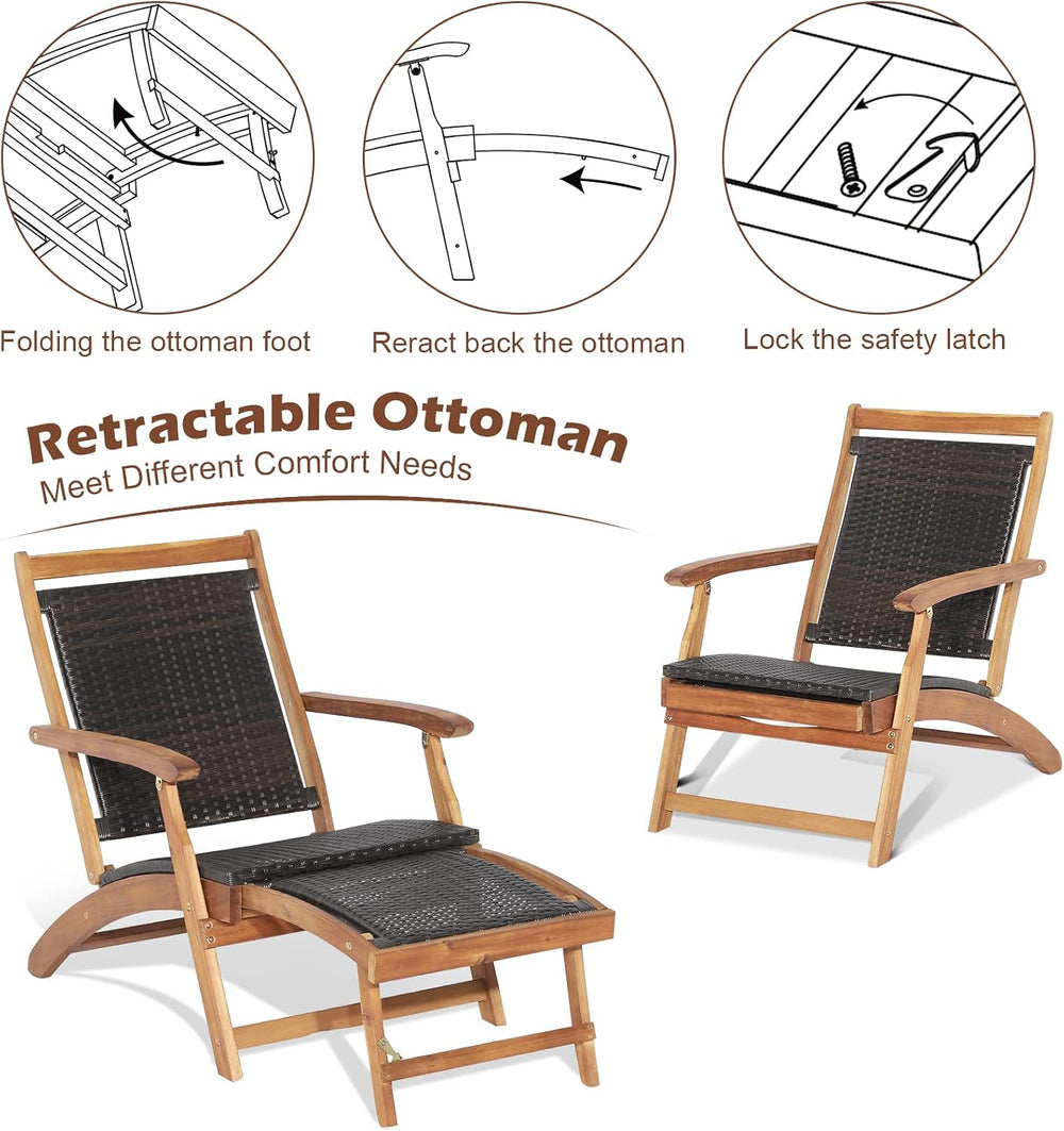 Tangkula Patio Lounge Chair and Side Table Set of 2, Acacia Wood Wicker Foldi...