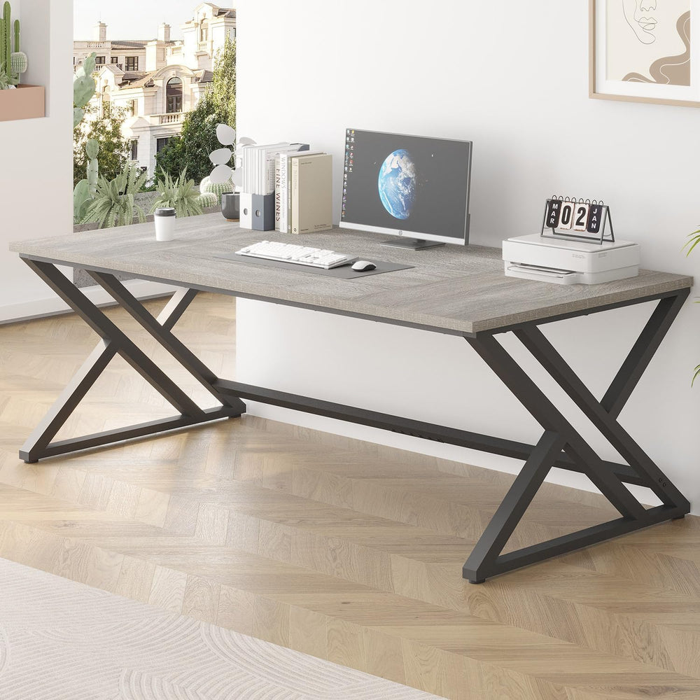LVB Modern Long Office Desk, Large Wood Computer Desk Light Grey Oak 79 in