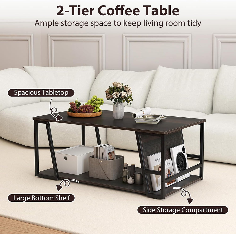 GIANTEX Modern Coffee Table with Storage, 2-Tier Wood Center Table, Brown