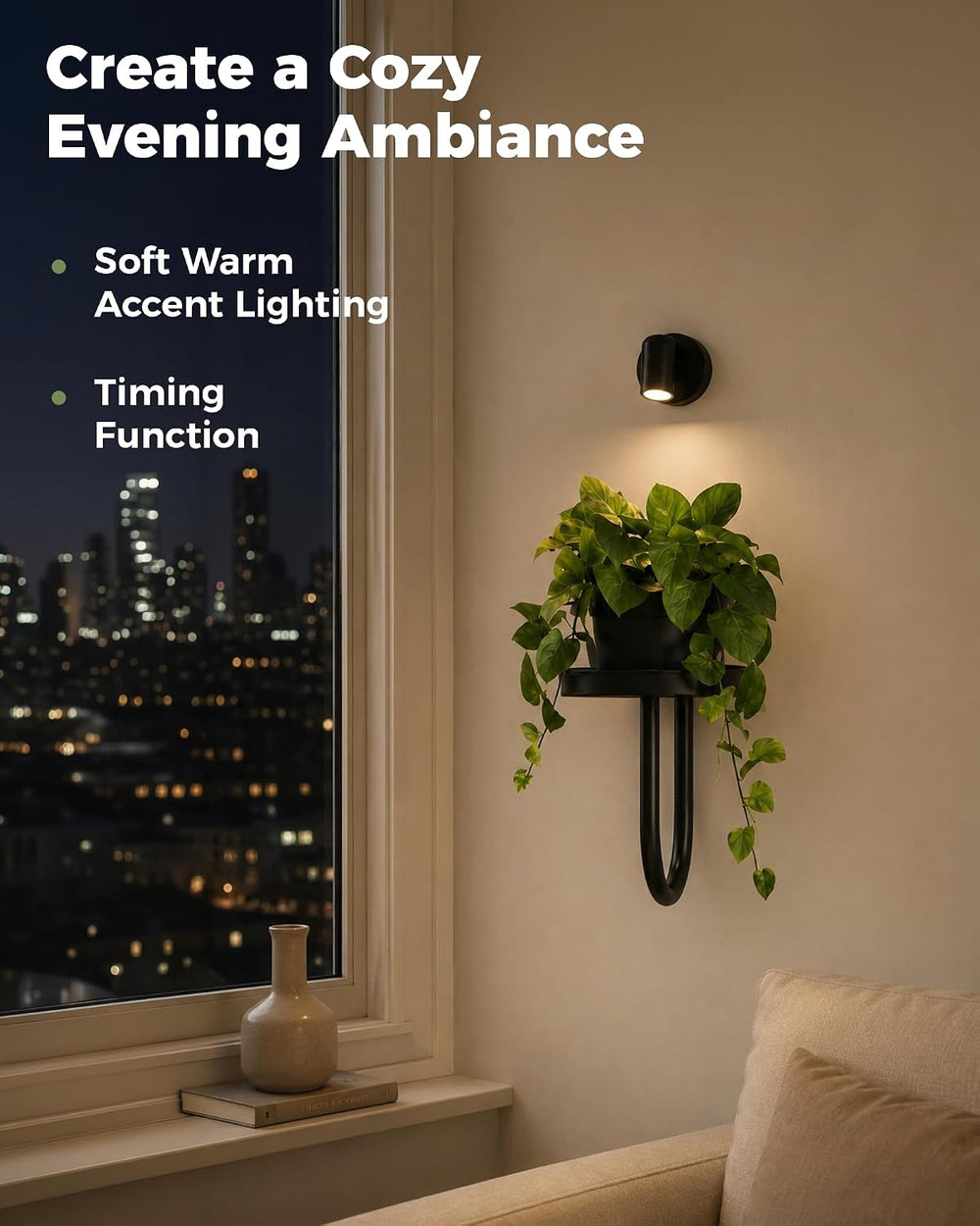 Bamworld Wall Plant Holder with Lights, Black, 3pcs