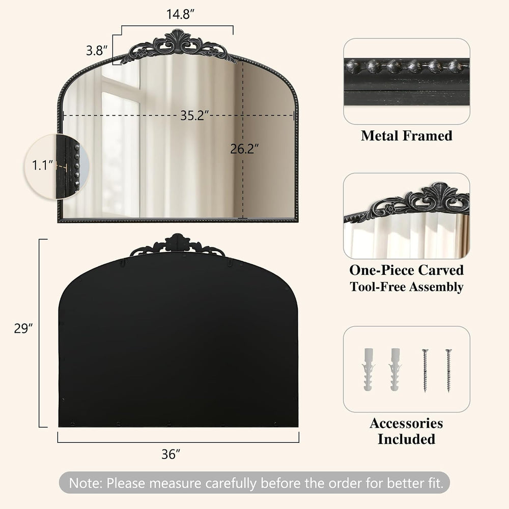 Micasso Vintage Black Arched Mirror: 36"x29" Baroque Antique Wall M...