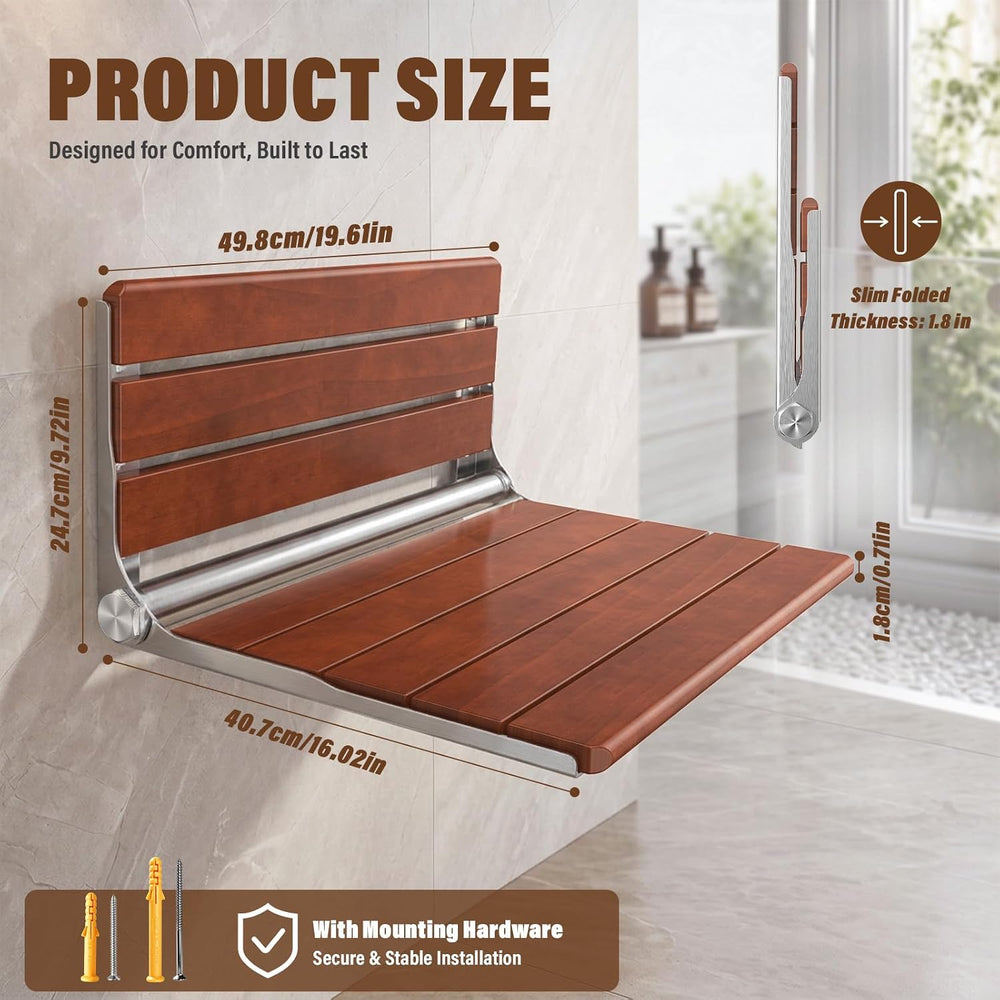 20" Folding Shower Seat Wall Mounted, Foldable Teak Shower Bench, Max 440lb