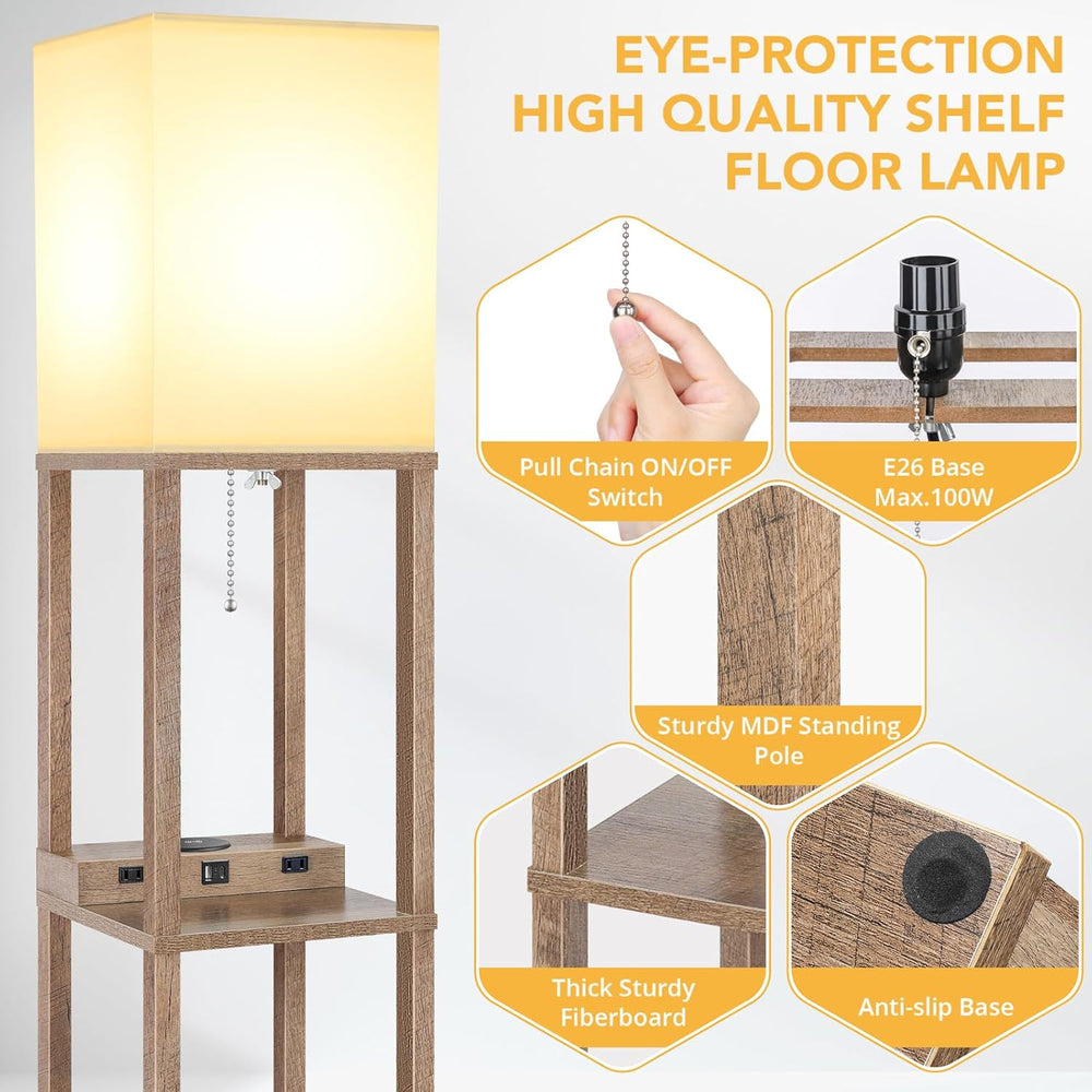 Mlambert Shelf Floor Lamp with Wireless Charger, USB, Type C, AC Port, Wood