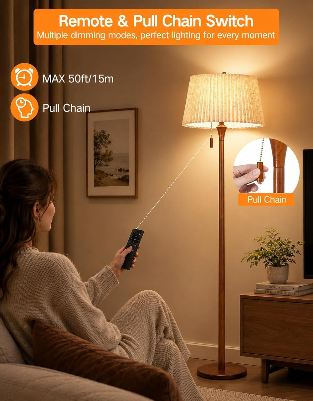 OUTON Wood Floor Lamp with Remote, Dimmable Farmhouse Floor Lamp, Walnut