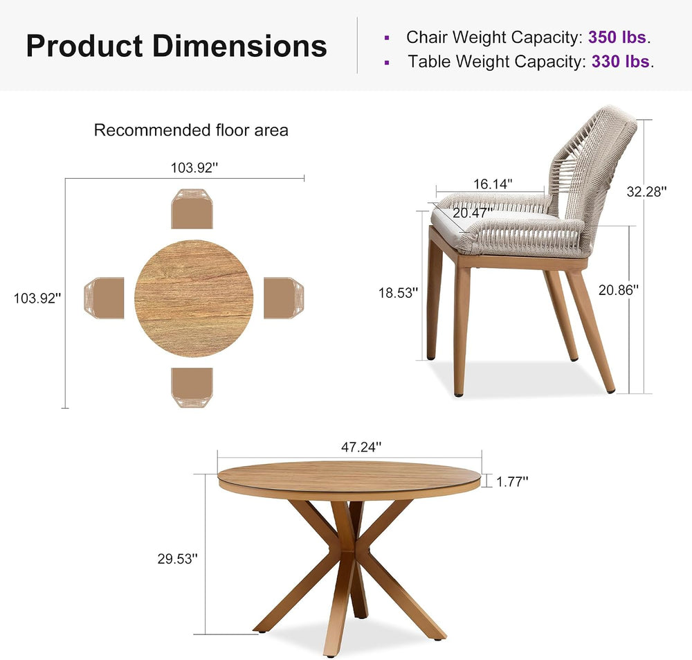 PURPLE LEAF Oversized Outdoor Round Dining Set 5 Pieces, Backs, Teak