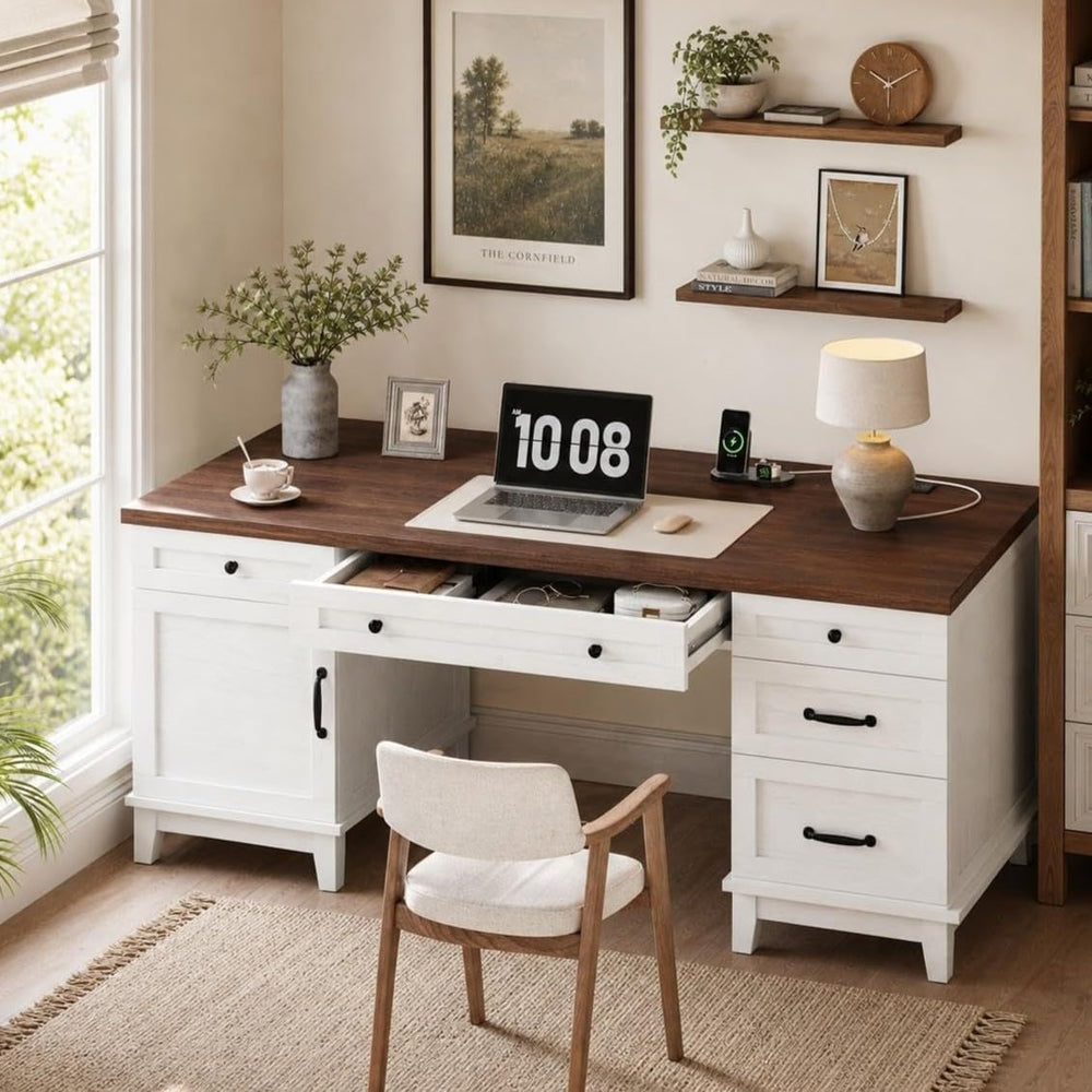 IDEALHOUSE 60" Farmhouse Home Office Executive Computer Desk with Drawers