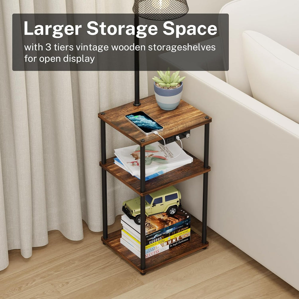 Floor Lamp with Table and Shelves, Side Table with USB Charging Port and Outl...