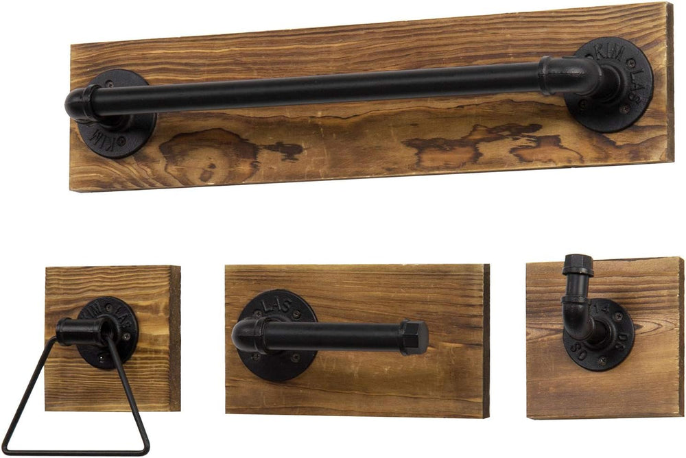 MyGift 4 Pc Bathroom Hardware Set with Burnt Wood & Matte Black Metal Pipe