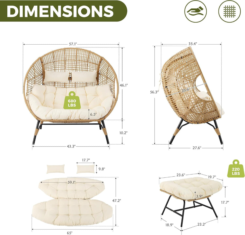 RADIATA Double Egg Chair with Ottoman, 2 Person Outdoor Wicker Loveseat