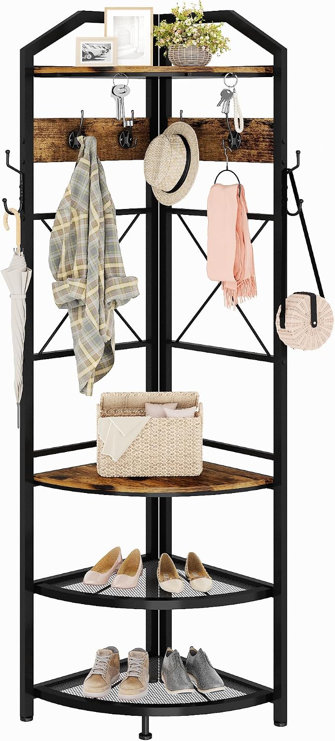 Corner Coat Rack with Storage, Entryway Hall Tree with Shoe Rack and Hooks, F...