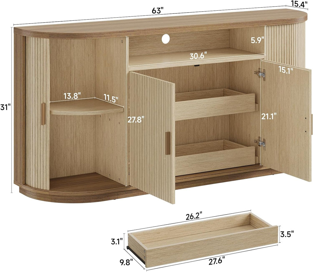 ONBRILL 63"Sideboard Buffet Cabinet with Storage,Modern Fluted Credenza,Oak