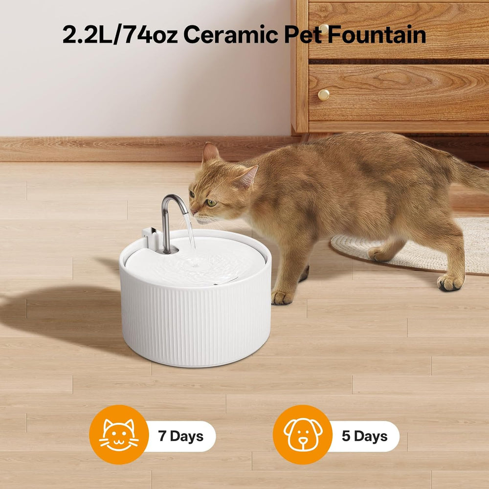 Ceramic Cat Water Fountain, 2.2L/ 74oz Pet Water Fountain, Drinking Fountains...