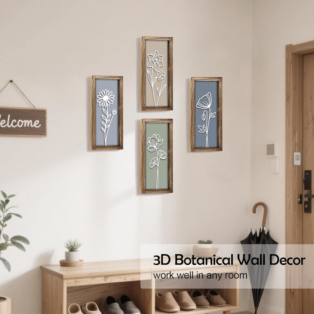3D Wooden Floral Wall Art, 4 Pcs 7 x 16 Inch Flower Wood Carving Framed Bathr...