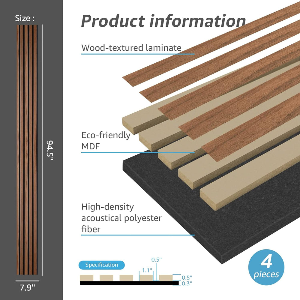 Art3d 4-Pack Soundproof Wood Slat Wall Panels, 94.5 x 7.9 Inch, Walnut