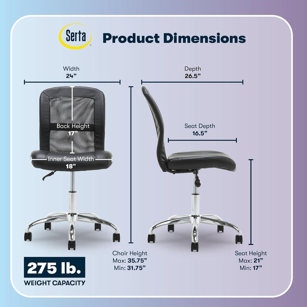 Serta Armless Small Home Desk Chair with Wheels, Ergonomic Mesh Back Chair