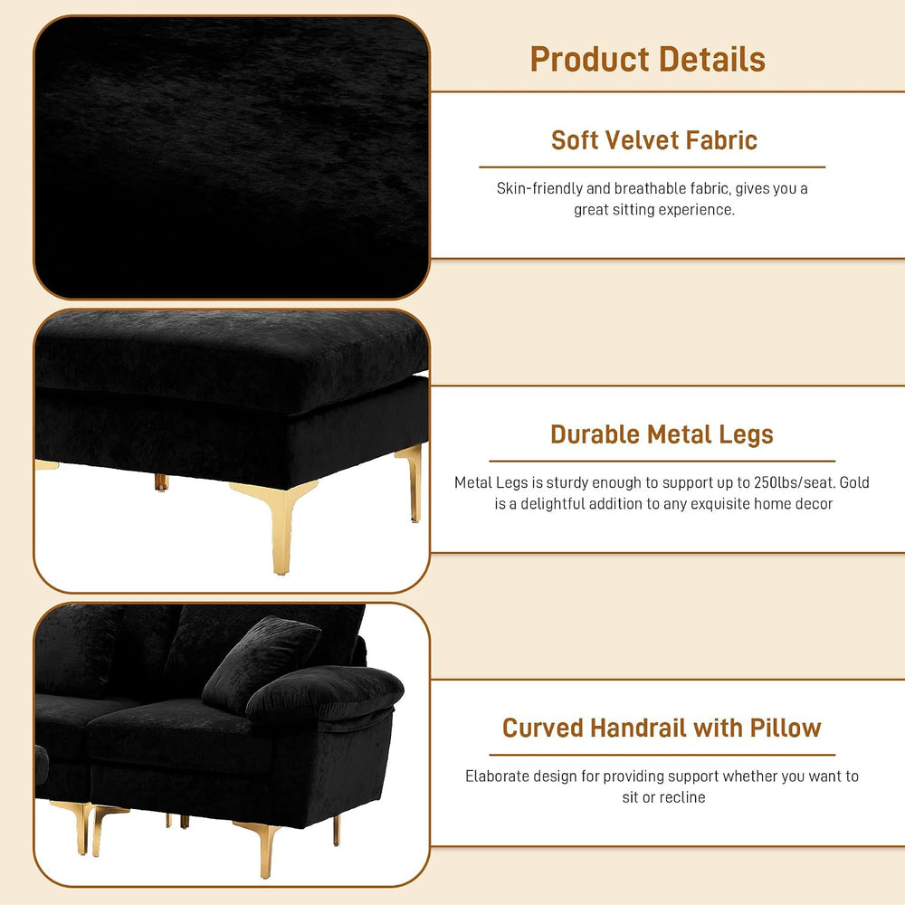 Wrofly 114" U-Shaped Velvet Sectional Couch with Ottoman, Black