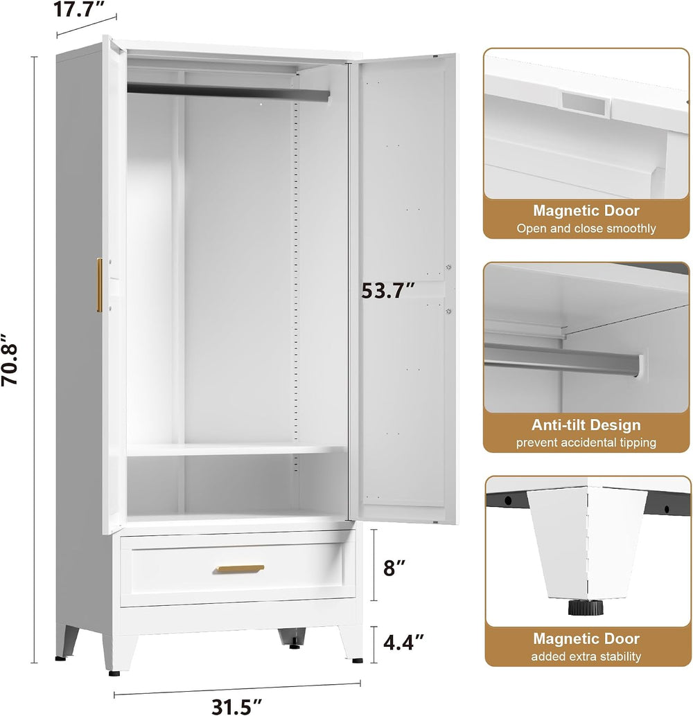 Washsemba 71'' Farmhouse Metal Wardrobe Cabinet with Hanging Rod, 2 B...