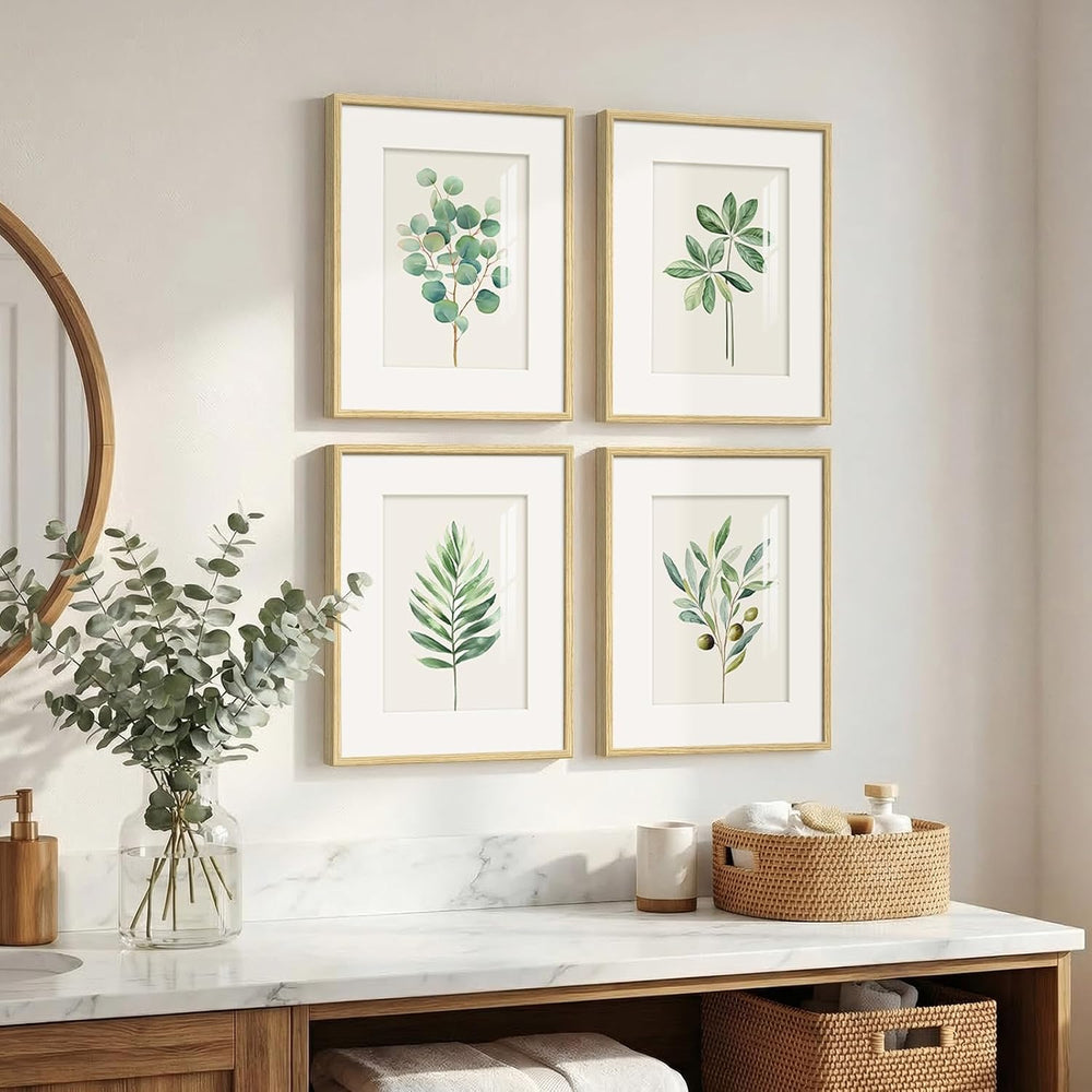 Framed Minimalist Sage Green Botanical Kitchen Wall art, 4 Piece 8x10 In