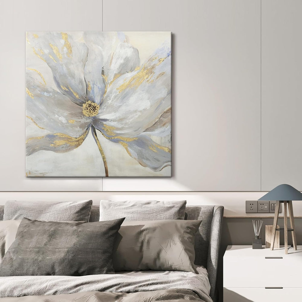 Goldfoilart Floral Wall Art Gold Flower Canvas Pictures with Foil Embellishme...