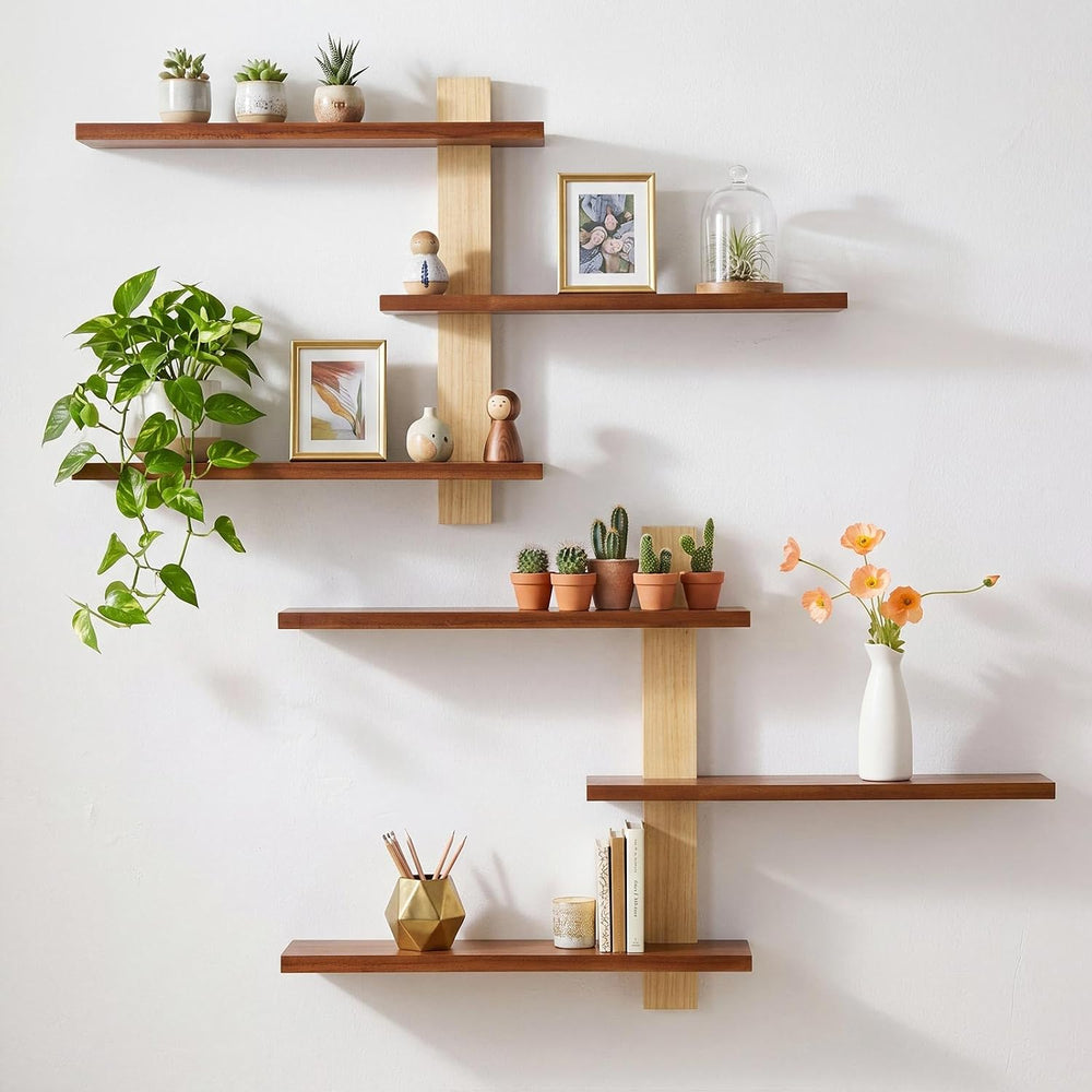 Pinkunn 2 Pack Floating Wall Shelf Mid Century Decor, Natural Wood, 3 Tier