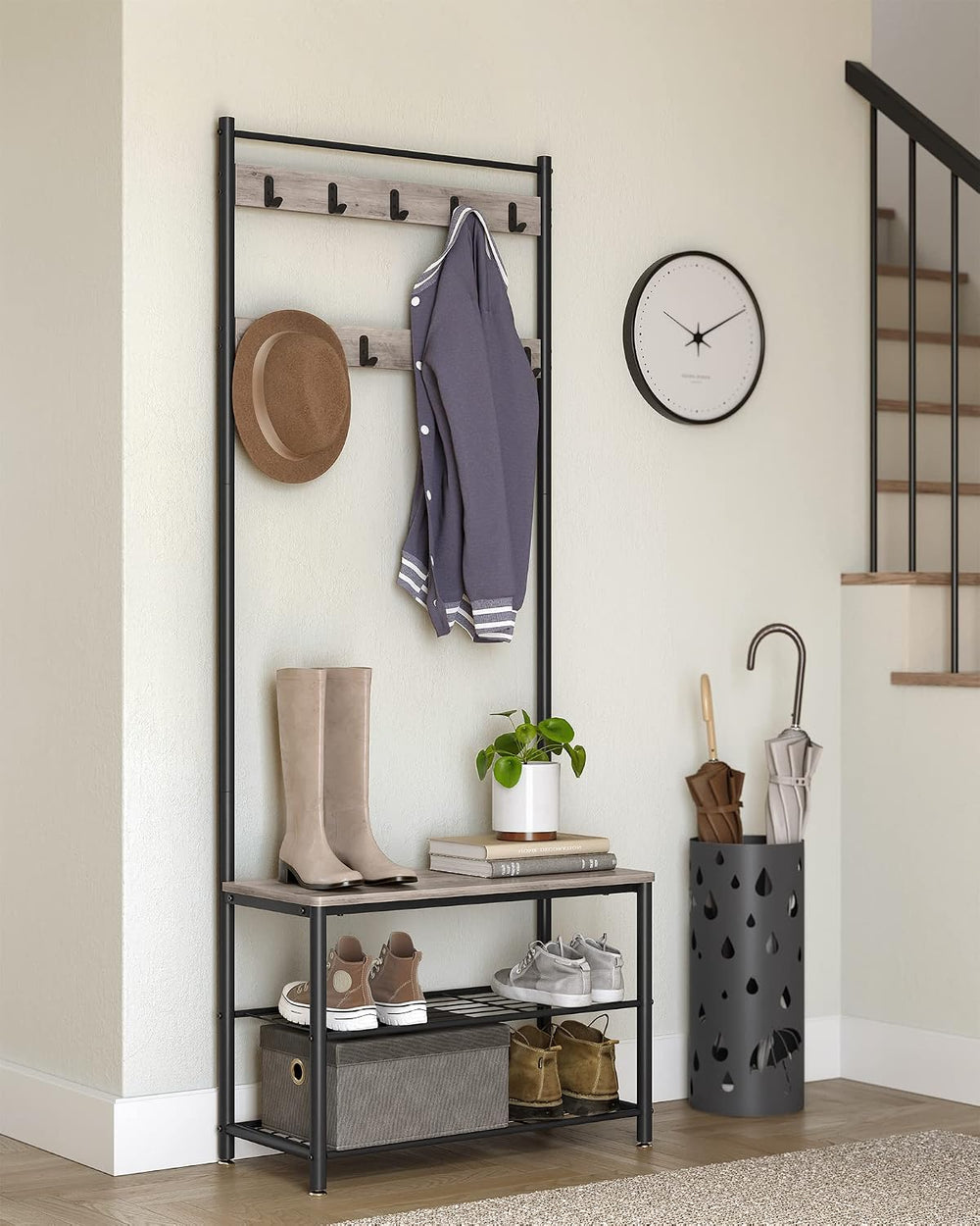 VASAGLE Coat Rack, Hall Tree with Shoe Storage Bench, 3-in-1, Steel Frame