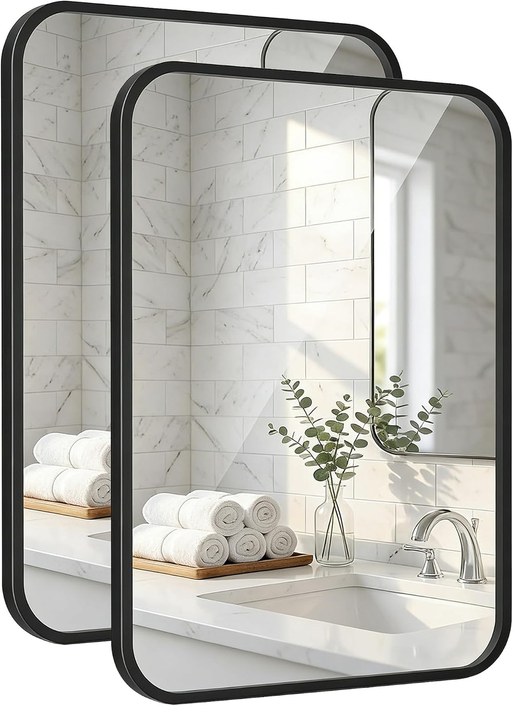 2-Pack 24x36 Inch Matte Black Rounded Rectangle Vanity Mirrors