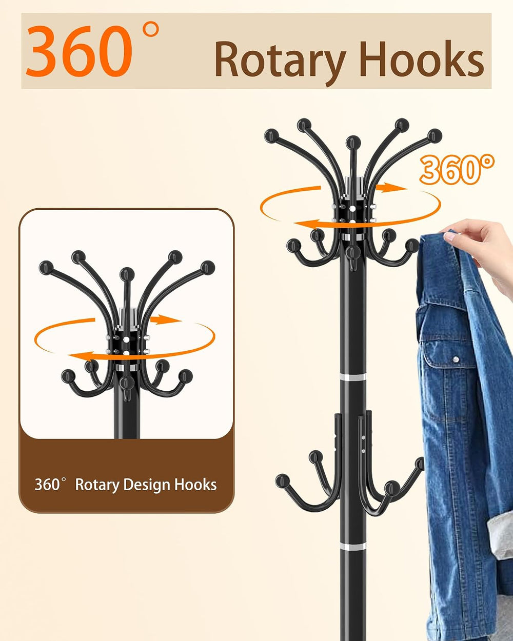 EZIVIEZ Coat Rack with 360°Rotary 14 Hooks Umbrella Holder Marble Base