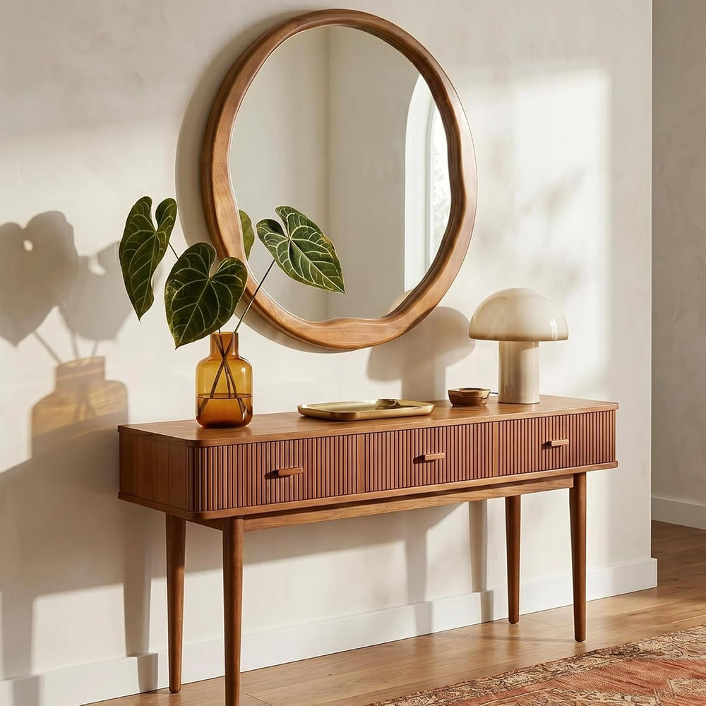 Warm Walnut 24 Inch Round Wood Wall Mirror, Asymmetrical Inner Edge