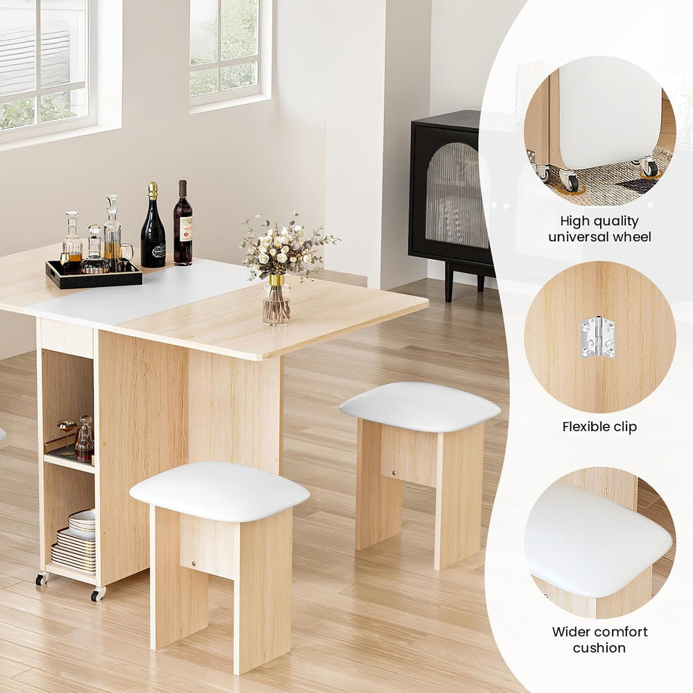 AWQM Folding Dining Table Set, Storage Folding Table & Chair, Beige White