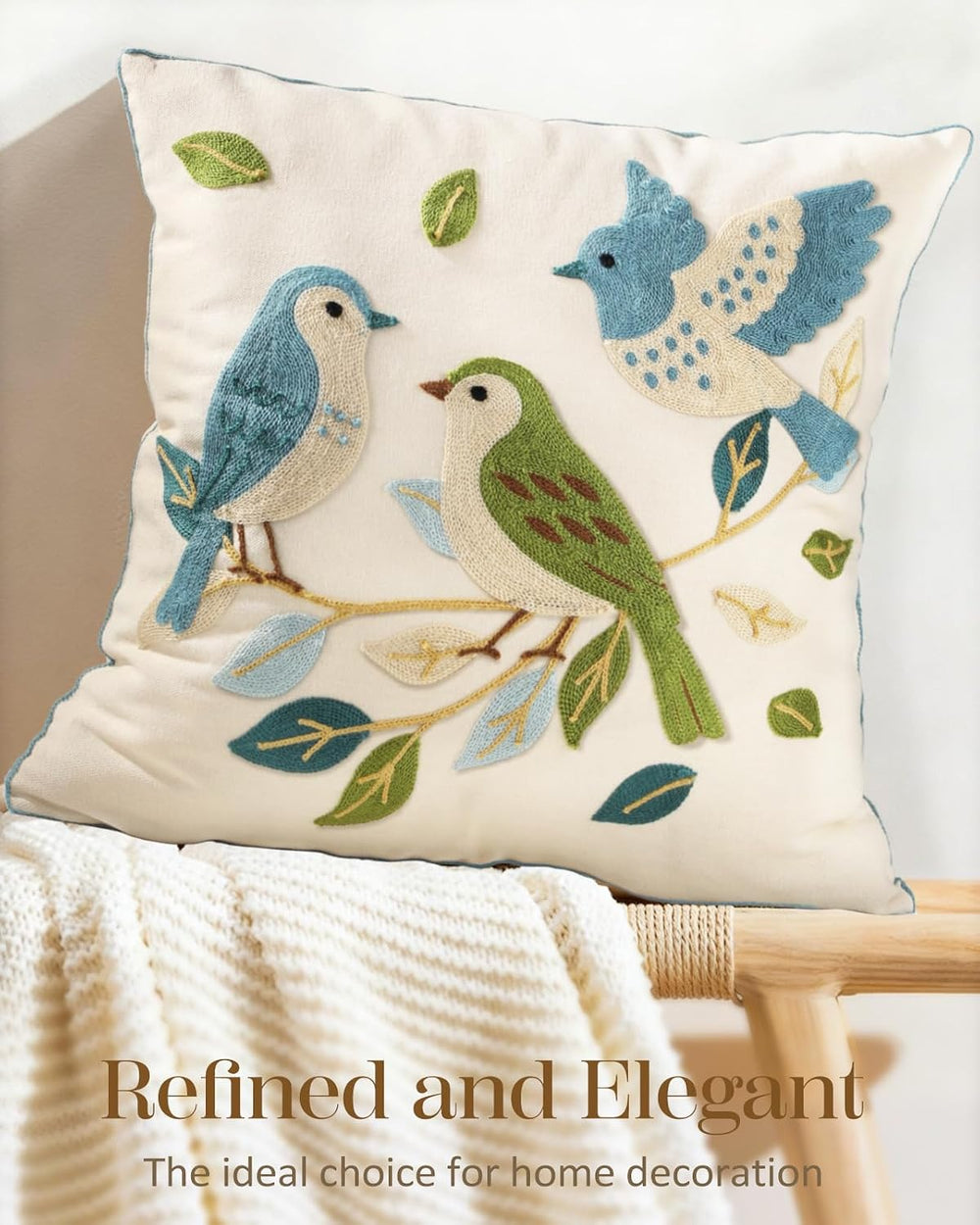 Animal Embroidered Throw Pillow Covers 18x18 Inch, Birds Leaves