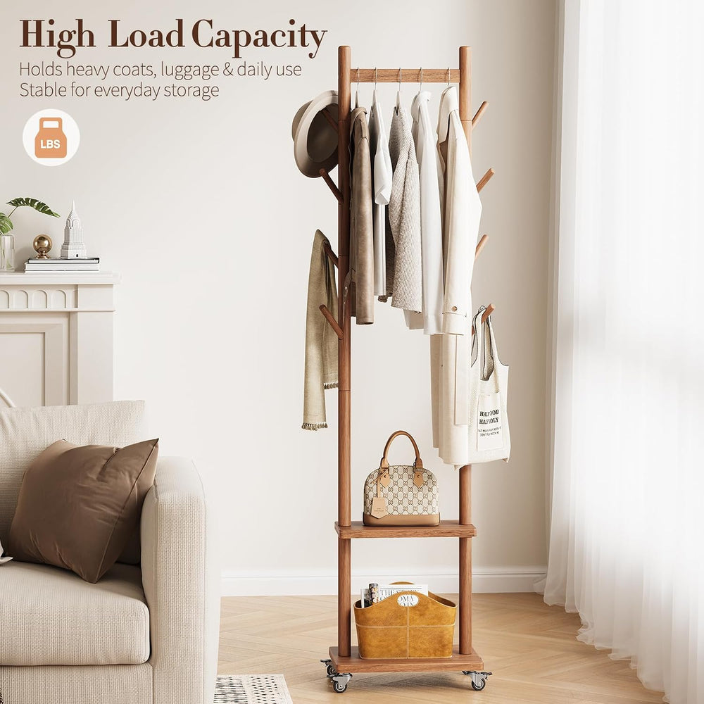 Yoobure Solid Wood Coat Rack Freestanding - Rolling Clothes Rack with 8 Hooks...