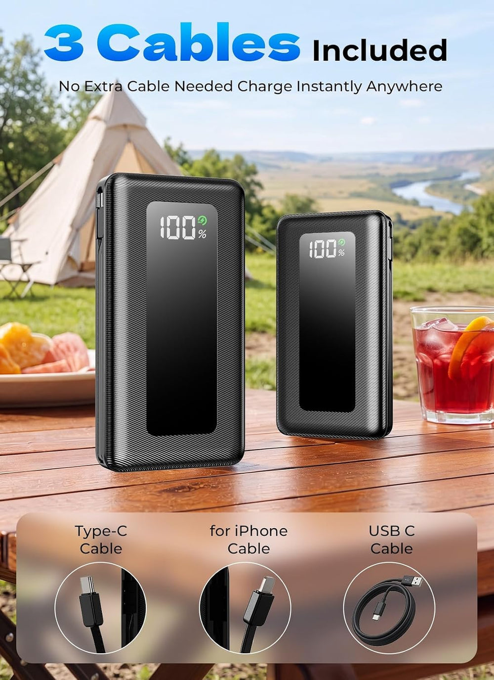 50000mAh Portable Charger Power Bank, Fast Charging with Built in Cables