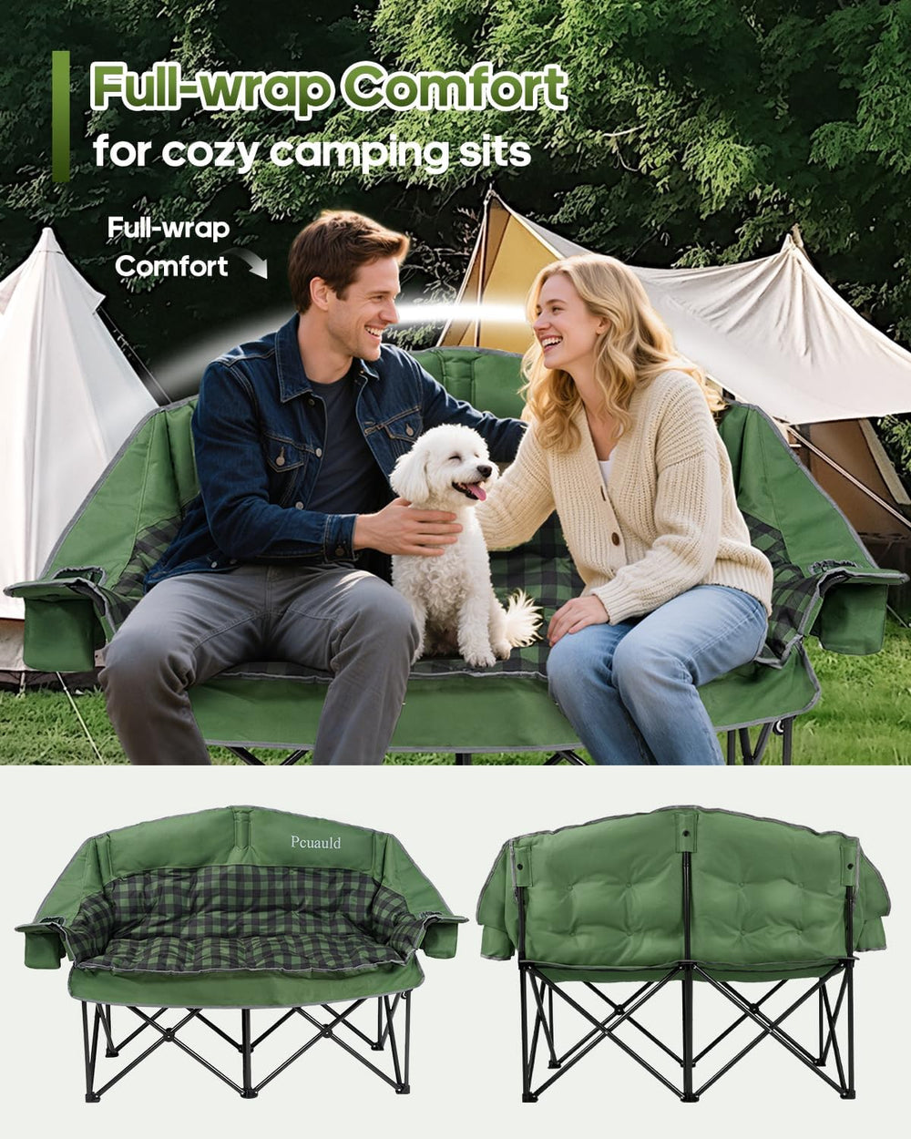 Padded Double Camping Chair Loveseat Oversized Camping Couch, Green