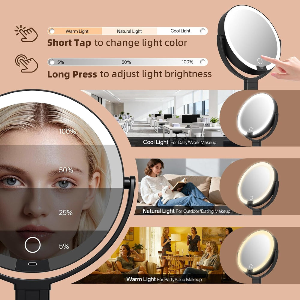2-Sided LED Makeup Magnifying Mirror, Replaceable Magnifying Lenses-40X&10X