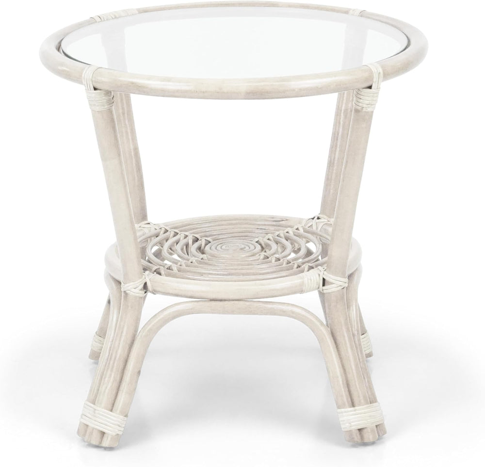 Leo Rattan Wicker Round Accent Coffee Table with Glass, White Color