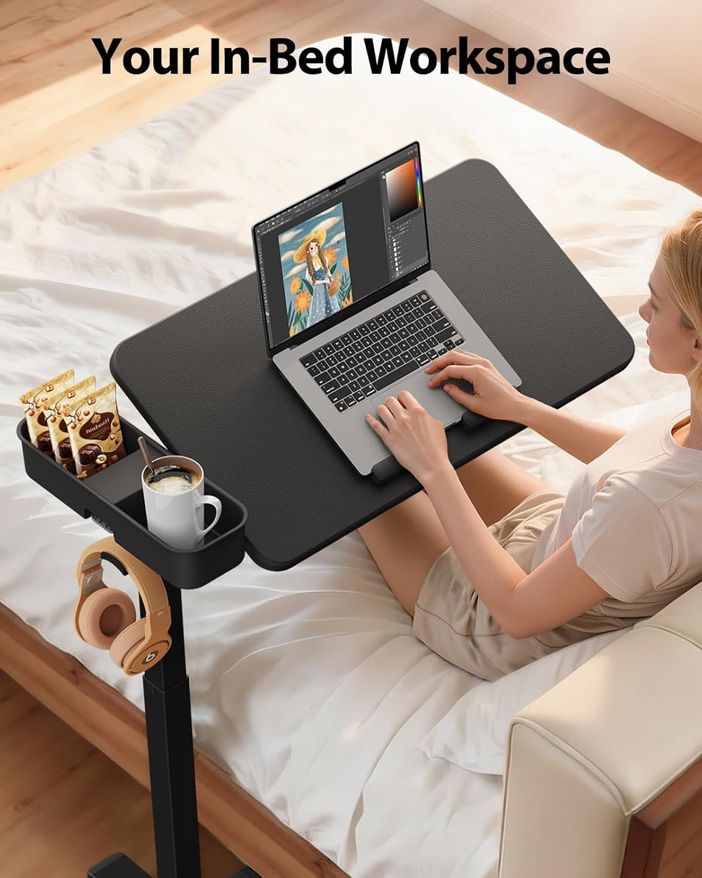 SAIJI Magnetic Height and 360° Angle Adjustable Overbed Bedside Table Tray