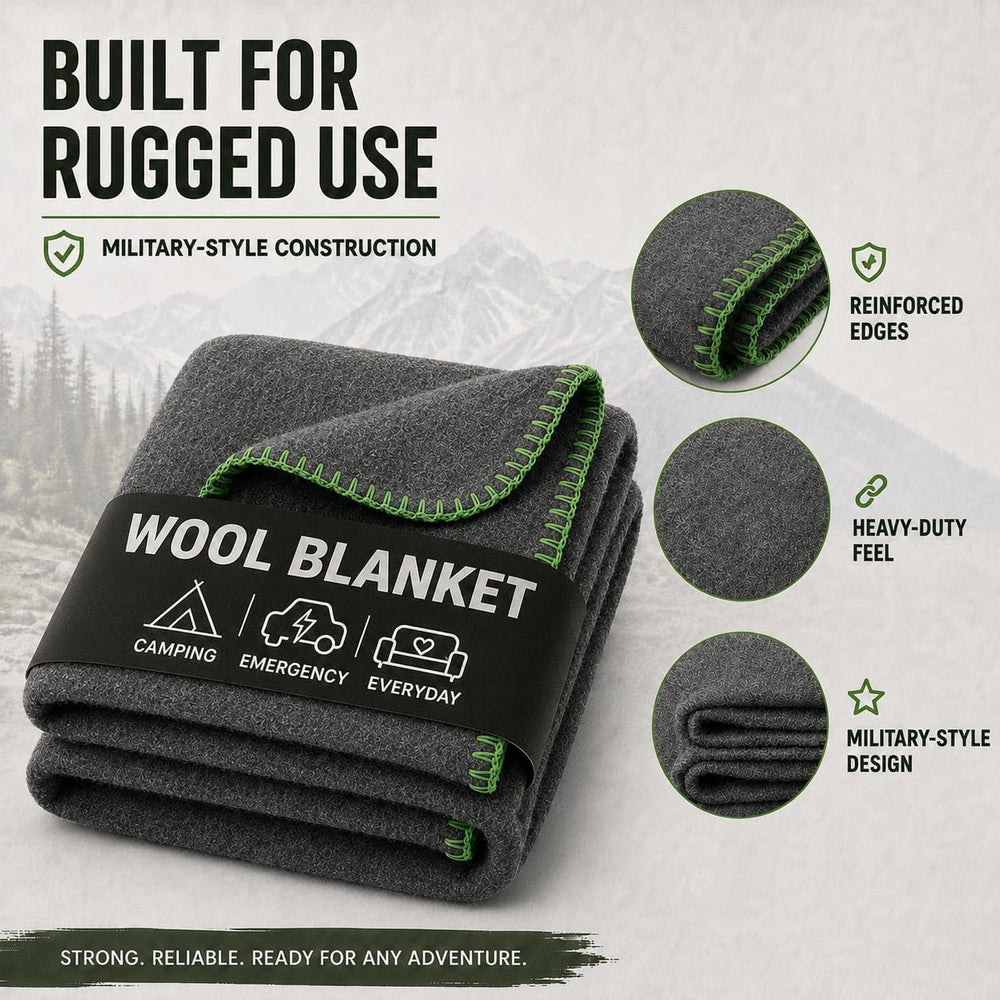 JMR Wool Camping Blanket, Fire Retardant Military Throw, Grey (62x84)