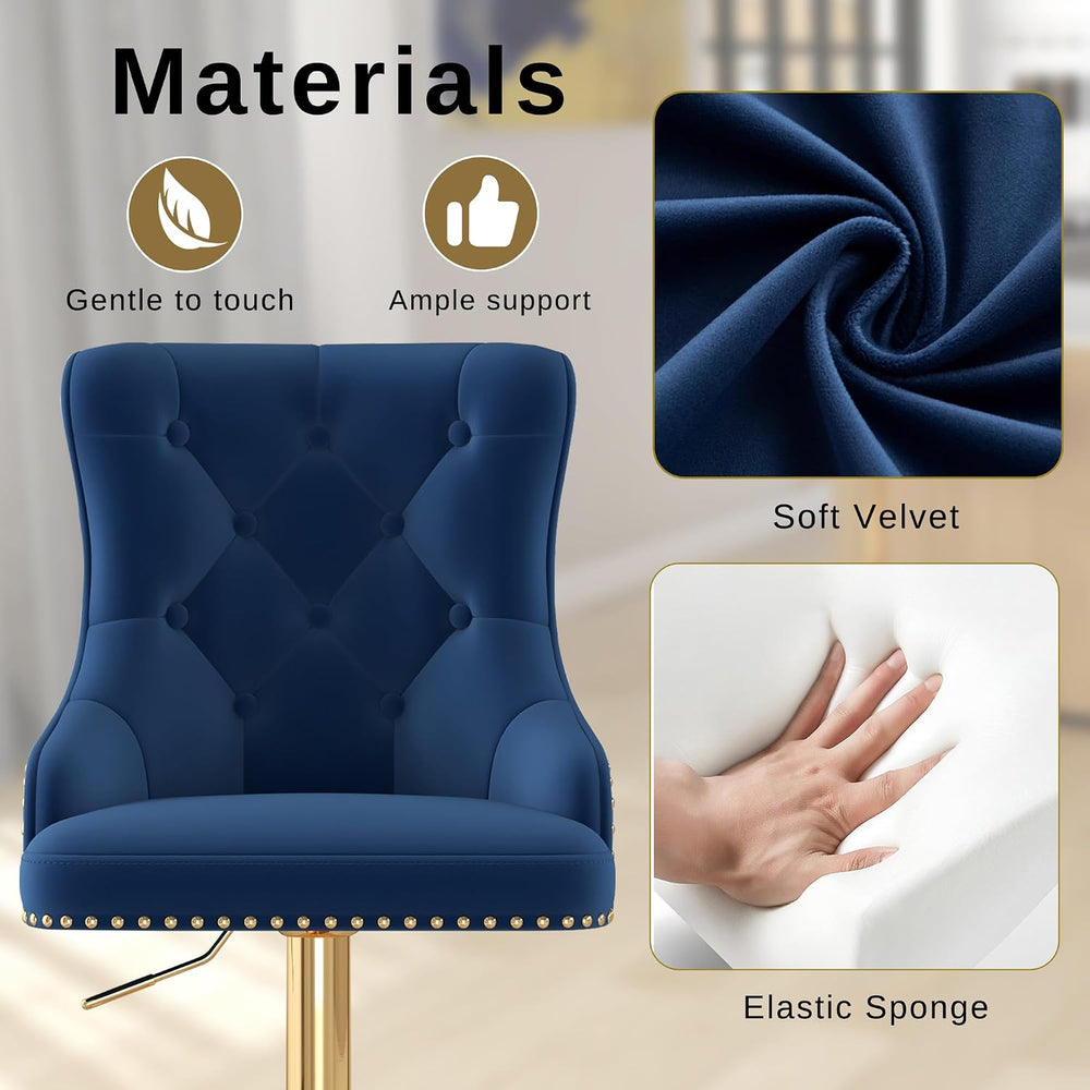 Velvet Bar Stools Set of 4, Adjustable Height, Gold Metal Base, Blue