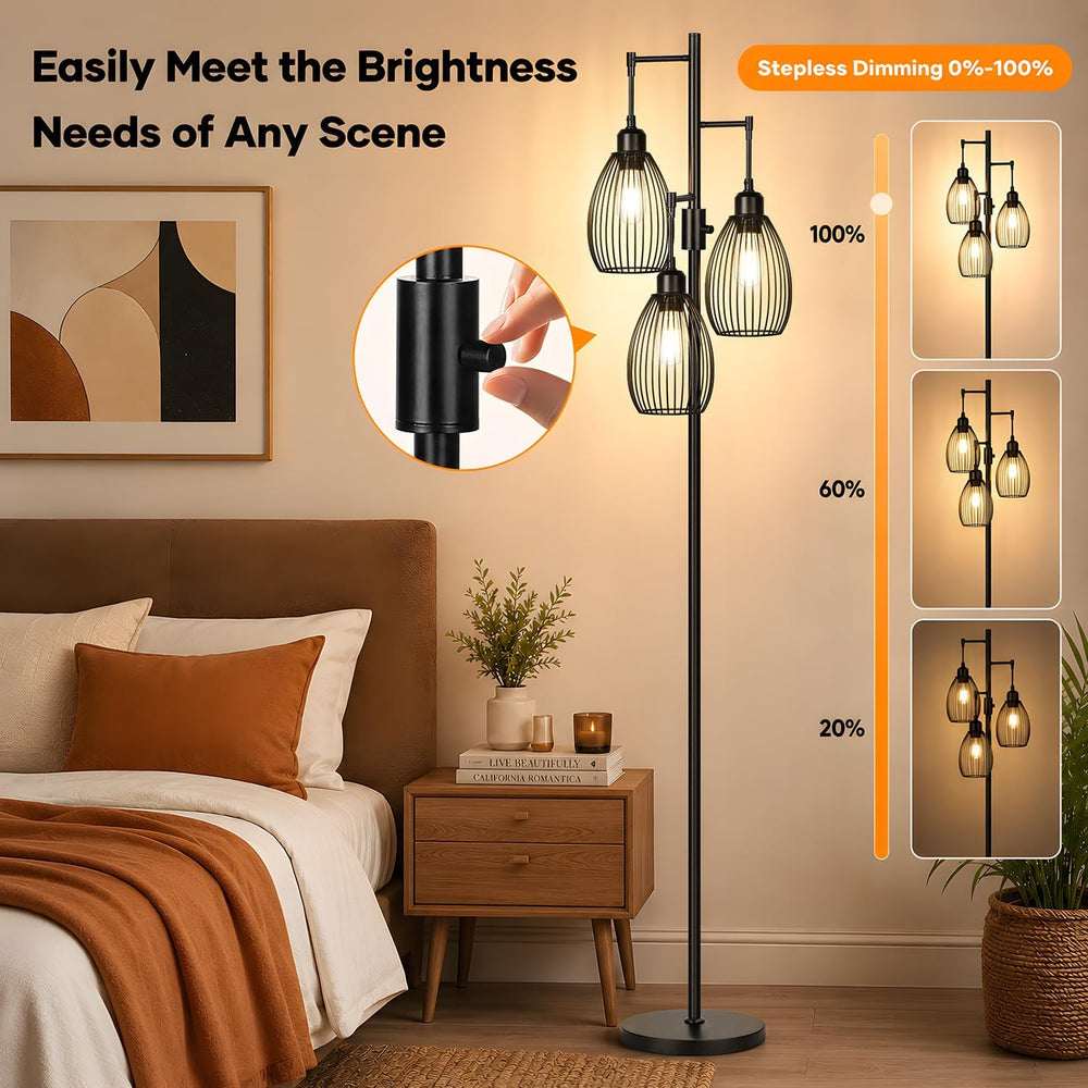 Dimmable Floor Lamp, 3 x 800LM LED Edison Bulbs Included, Farmhouse Industria...