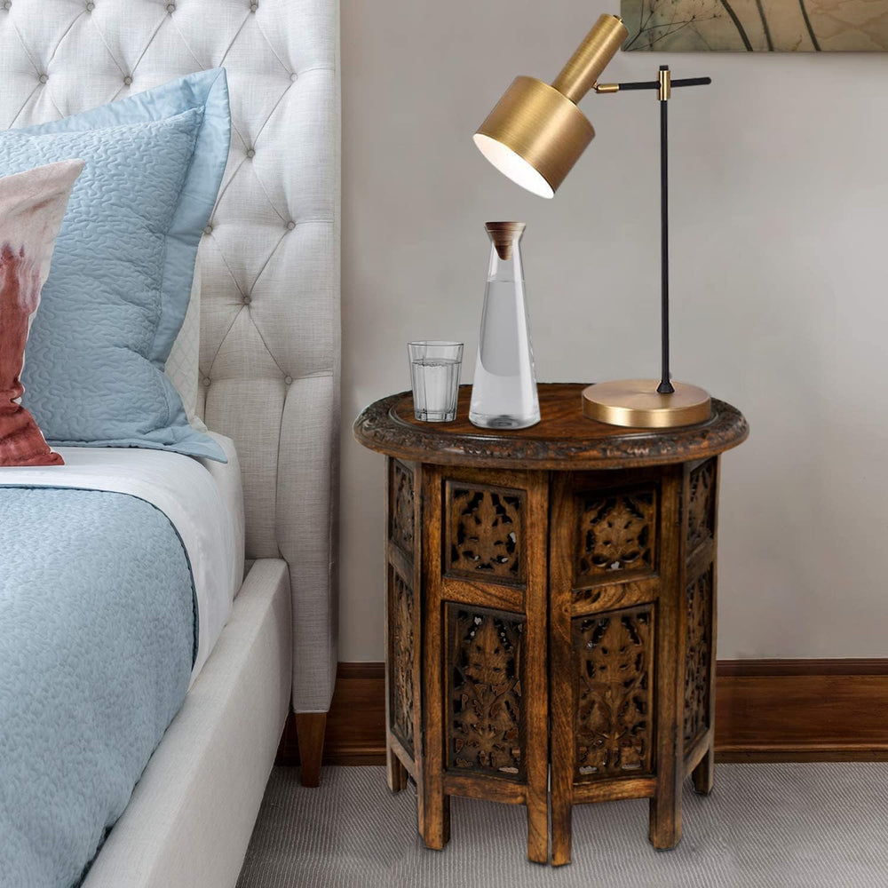 COTTON CRAFT Solid Wood End Table - Hand Carved Folding Accent Side Table
