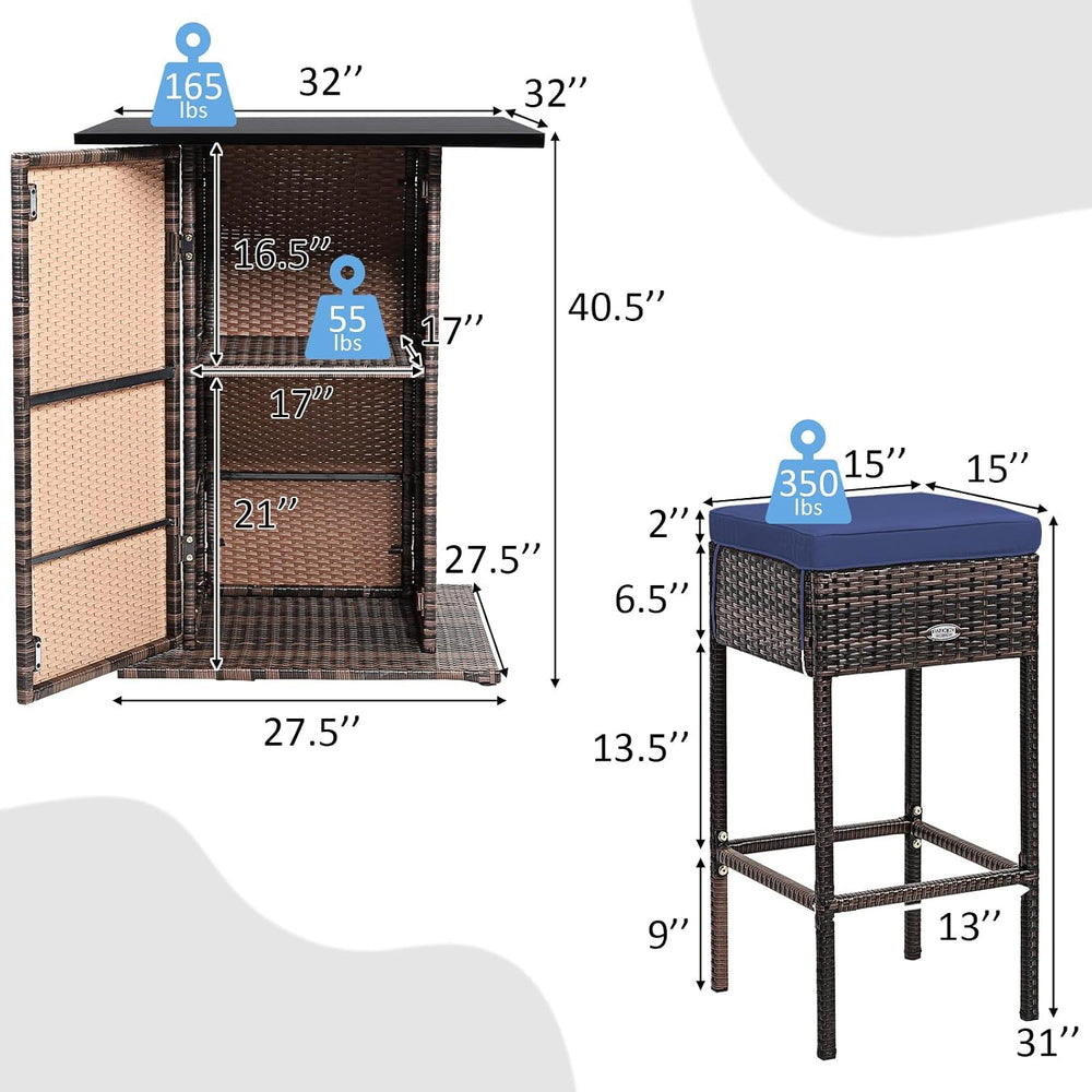 Tangkula 5 Piece Rattan Bar Table and Chairs Set Wirth 4 Cushioned Stools