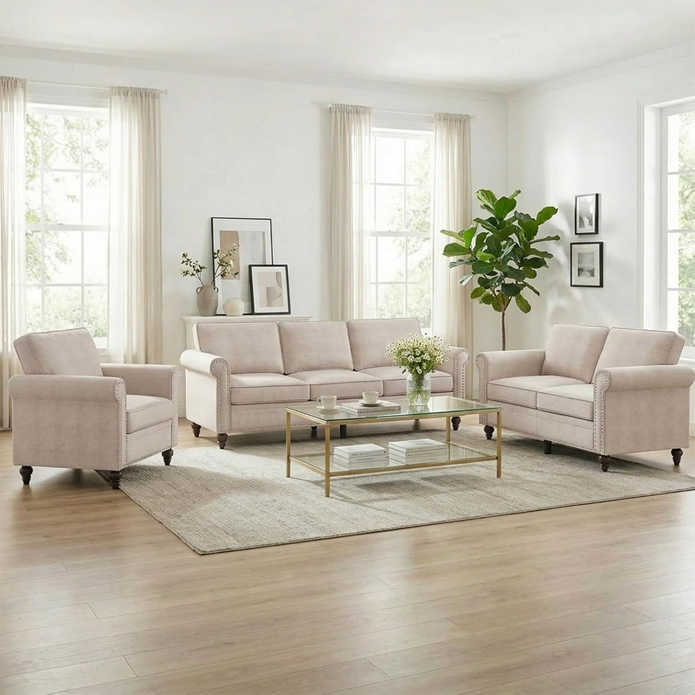 MUZZ 3PCS Sofa Set for Living Room, Linen 6 Seater Couch Set with Nailhead Tr...