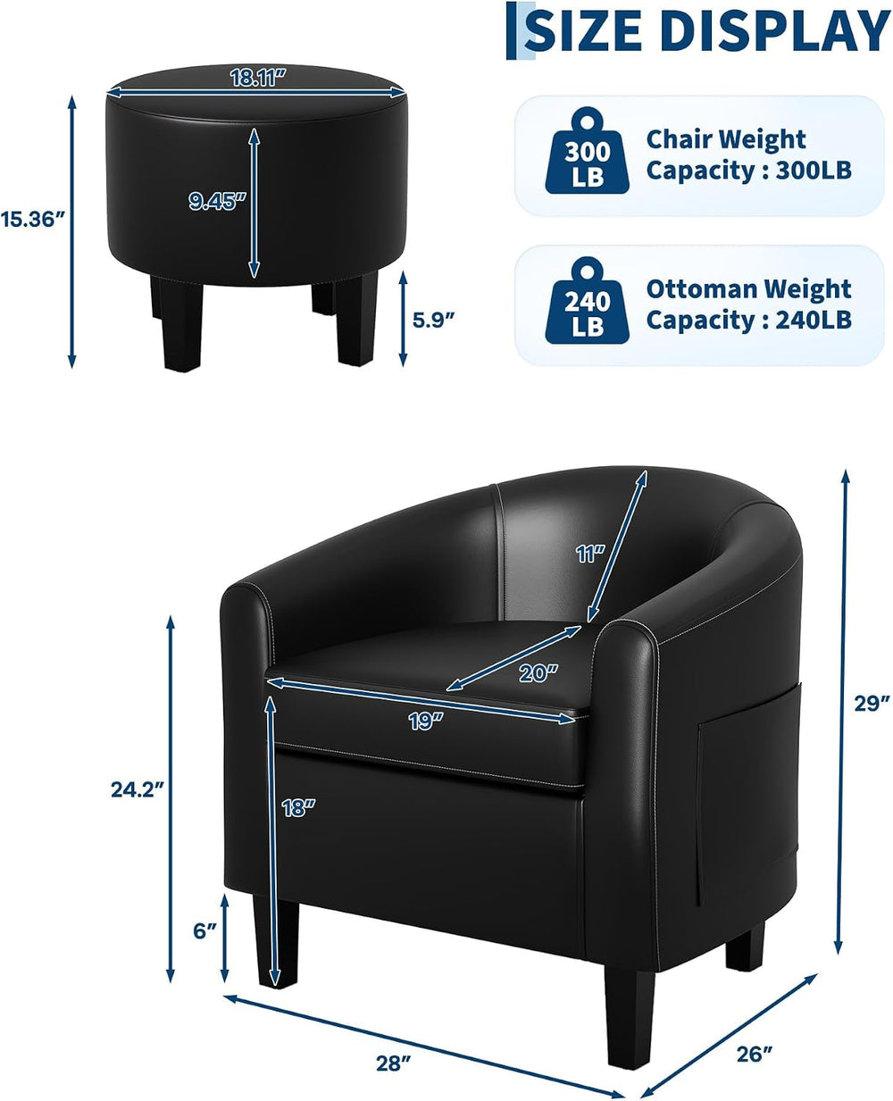 GarveeHome Chair and Ottoman Set, PU Leather Barrel Chair, Small Chair for Be...