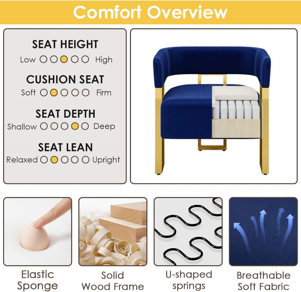 Velvet Dining Chairs Set of 2, Blue Upholstered Accent Armchairs, Gold Legs