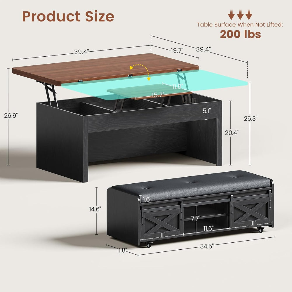 Itaar Lift Top Coffee Table with Storage Bench, Farmhouse Convertible Coffee ...