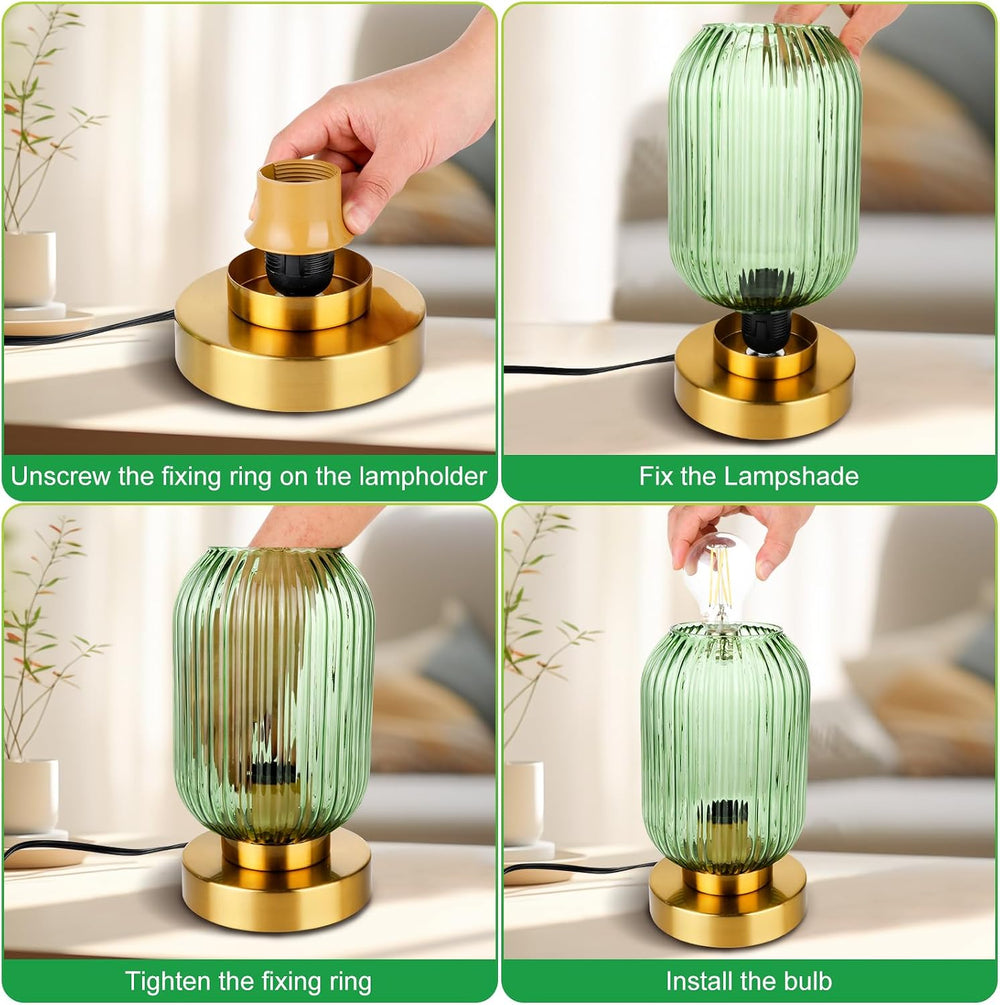 Mid Century Modern Gold Table Lamp with Ribbed Green Glass Shade