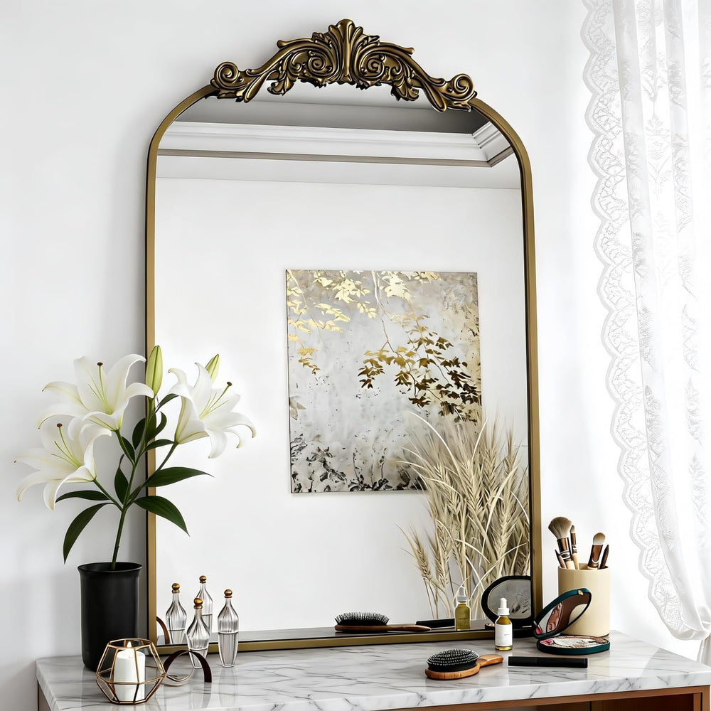 Dewfig Vintage Arched Wall Mirror, 36"x24" Antique Bronze Bathroom ...